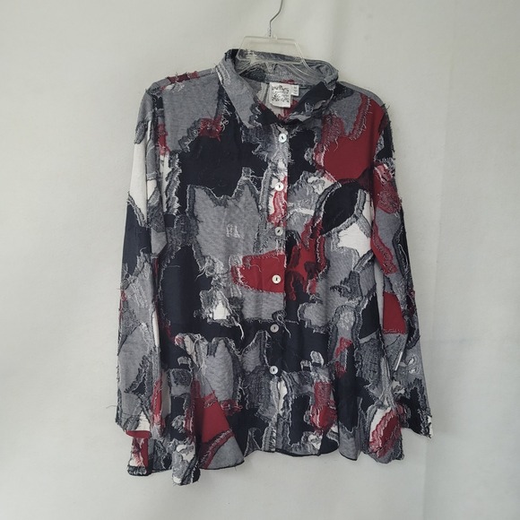 Parsley & Sage Tops - Parsley & Sage Women's Medium‎ Button Down Frayed Patchwork Tunic Top Red Grey